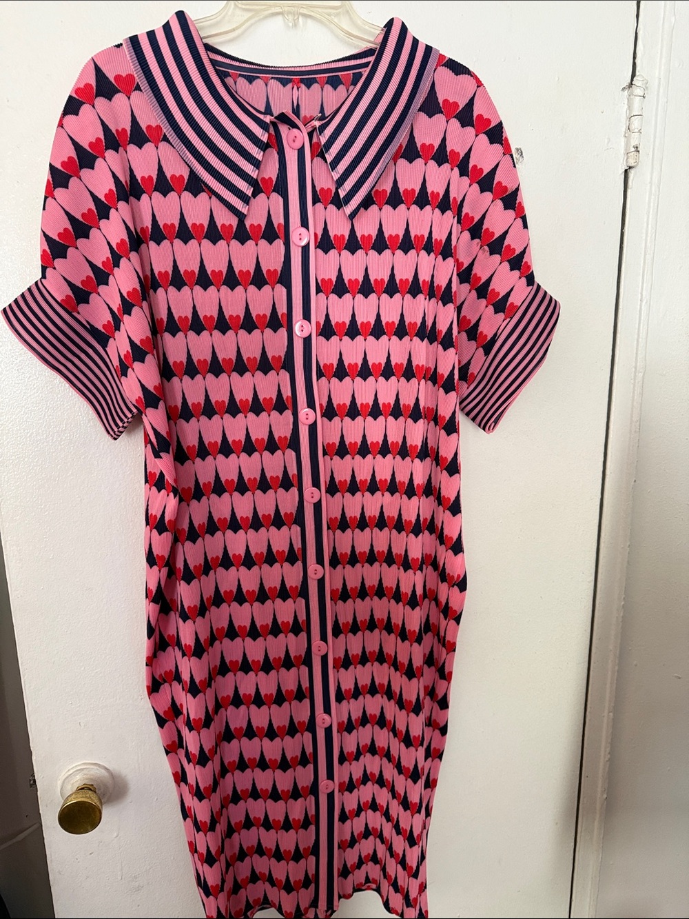 Pink & Navy Heart-Print Button Front Dress